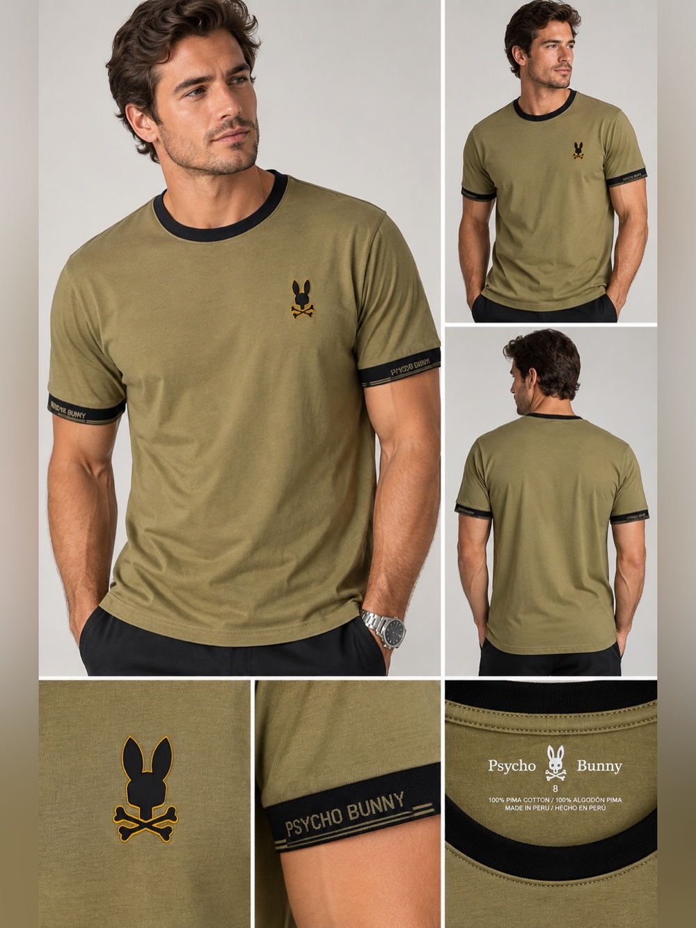 Psycho Bunny Men’s Pima Cotton T-Shirt XXL 8 Olive Green Black Trim Logo Tee